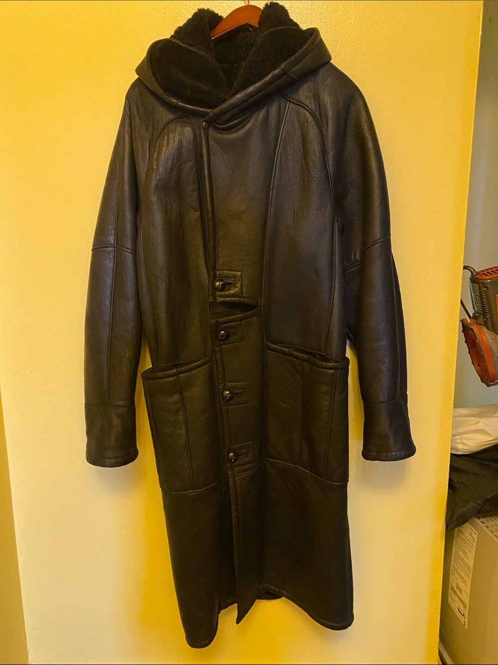 Women’s Black Shearling-Trim Long Trench Coat